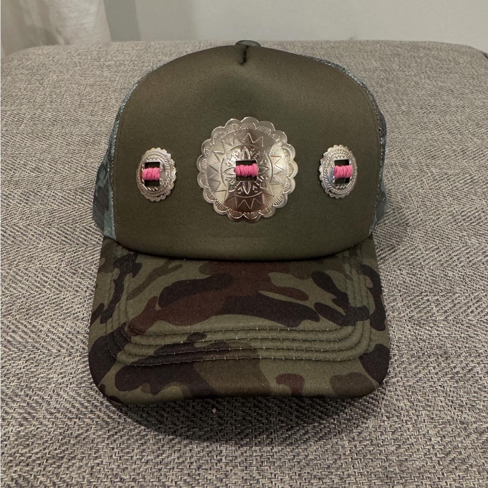 Olive Camouflage Hat with Silver and Pink Accents